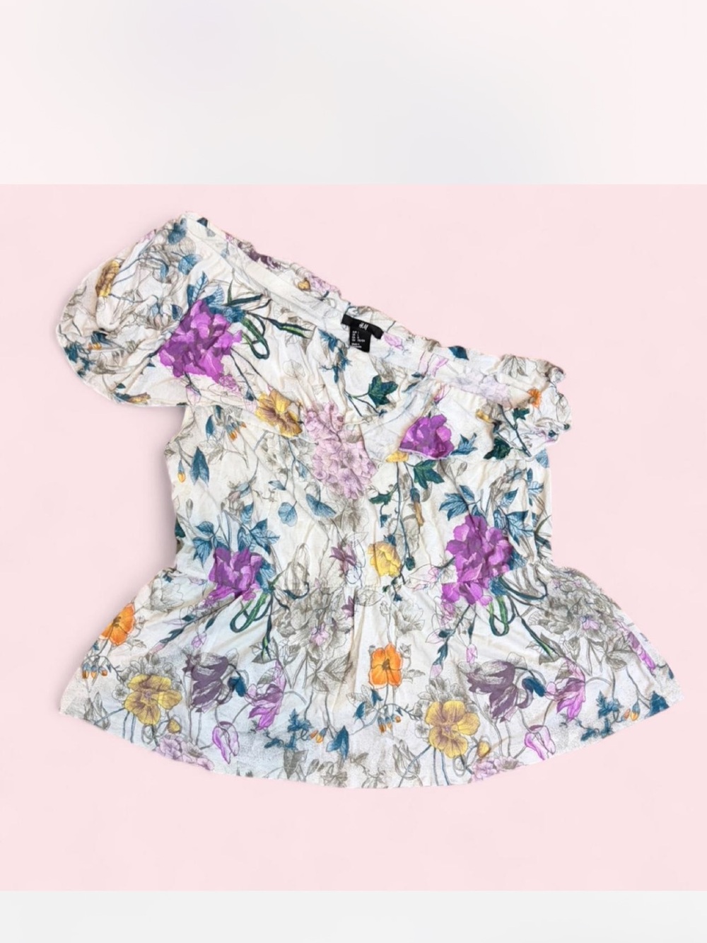 H&M One-Shoulder Floral Ruffle Blouse - White with Purple & Yellow Flowers